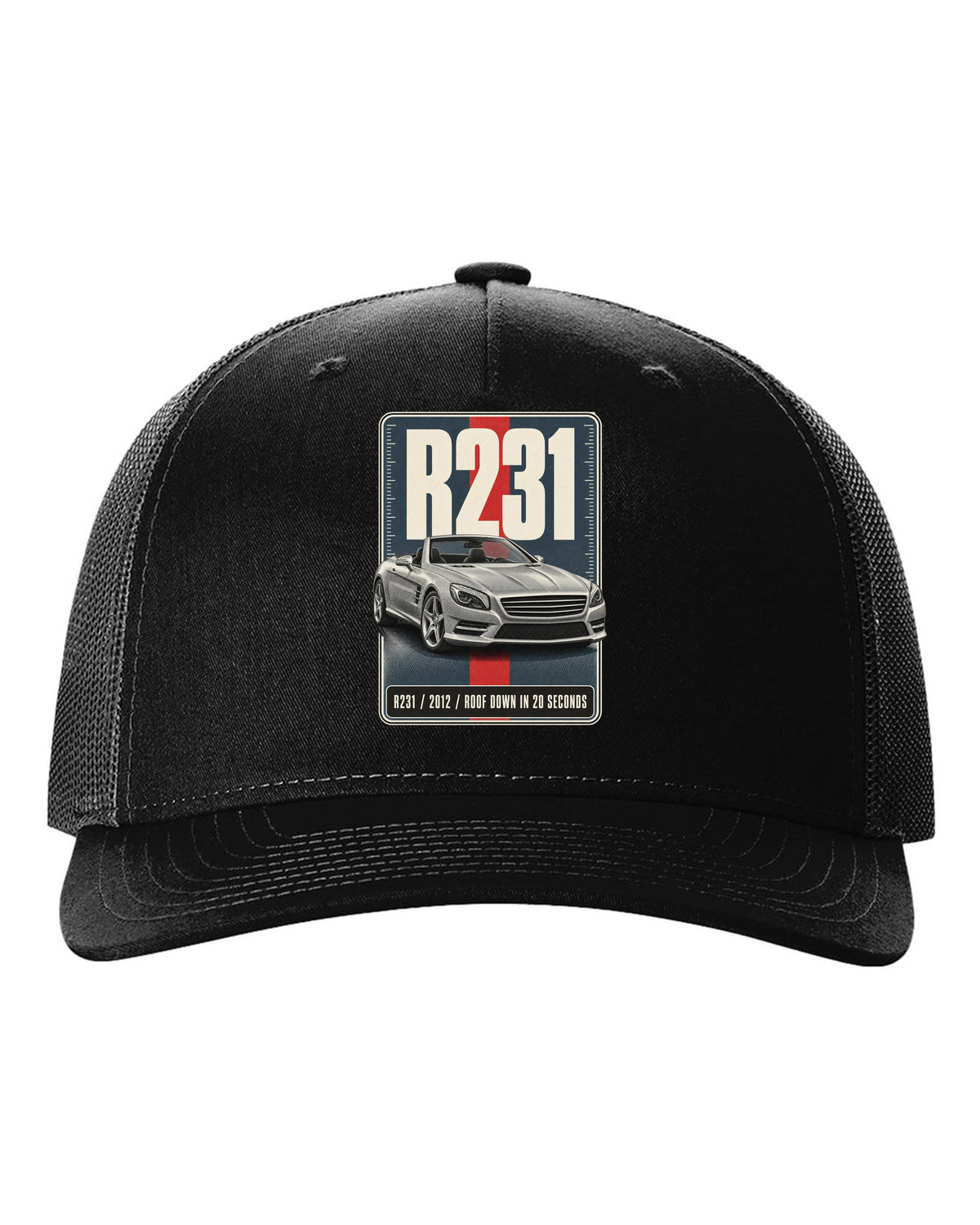 Mercedes-Benz SL R231 low front three-quarter halftone print in warm grey black hat front view with the design