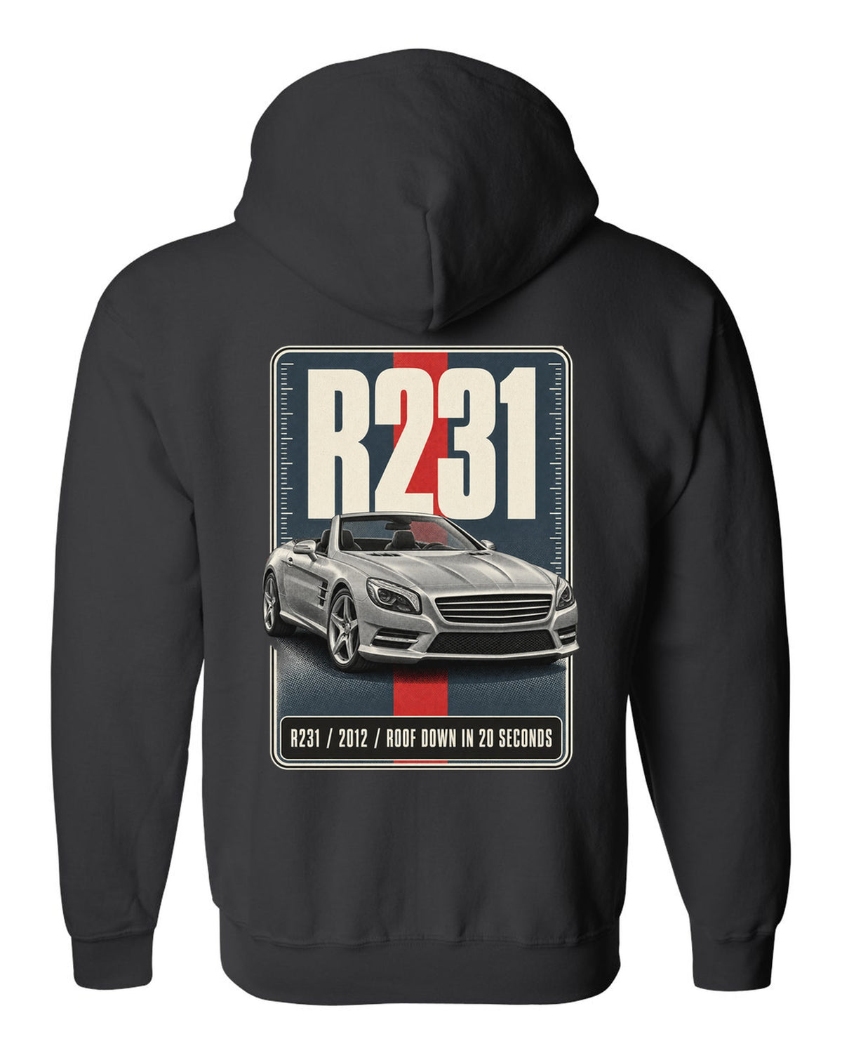 Mercedes-Benz SL R231 low front three-quarter halftone print in warm grey black zip hoodie back view with the design