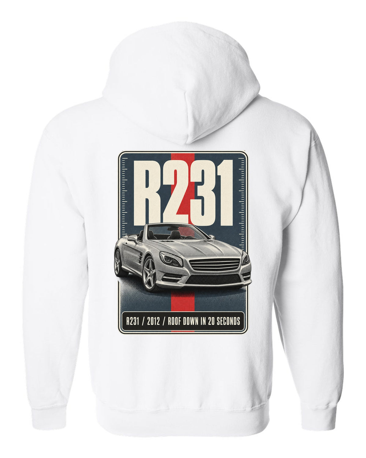 Mercedes-Benz SL R231 low front three-quarter halftone print in warm grey white zip hoodie back view with the design