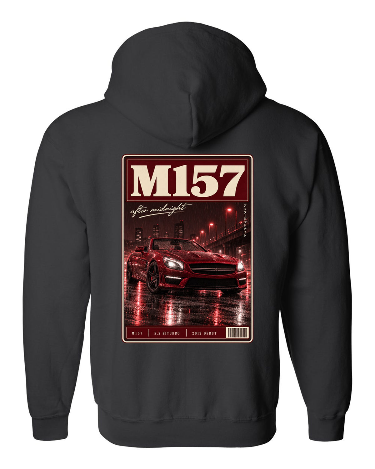 Mercedes-Benz SL63 R231 low front three-quarter night street scene in red monochrome black zip hoodie back view with the design