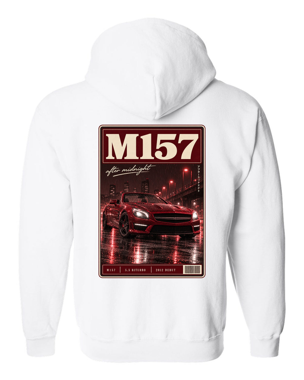 Mercedes-Benz SL63 R231 low front three-quarter night street scene in red monochrome white zip hoodie back view with the design