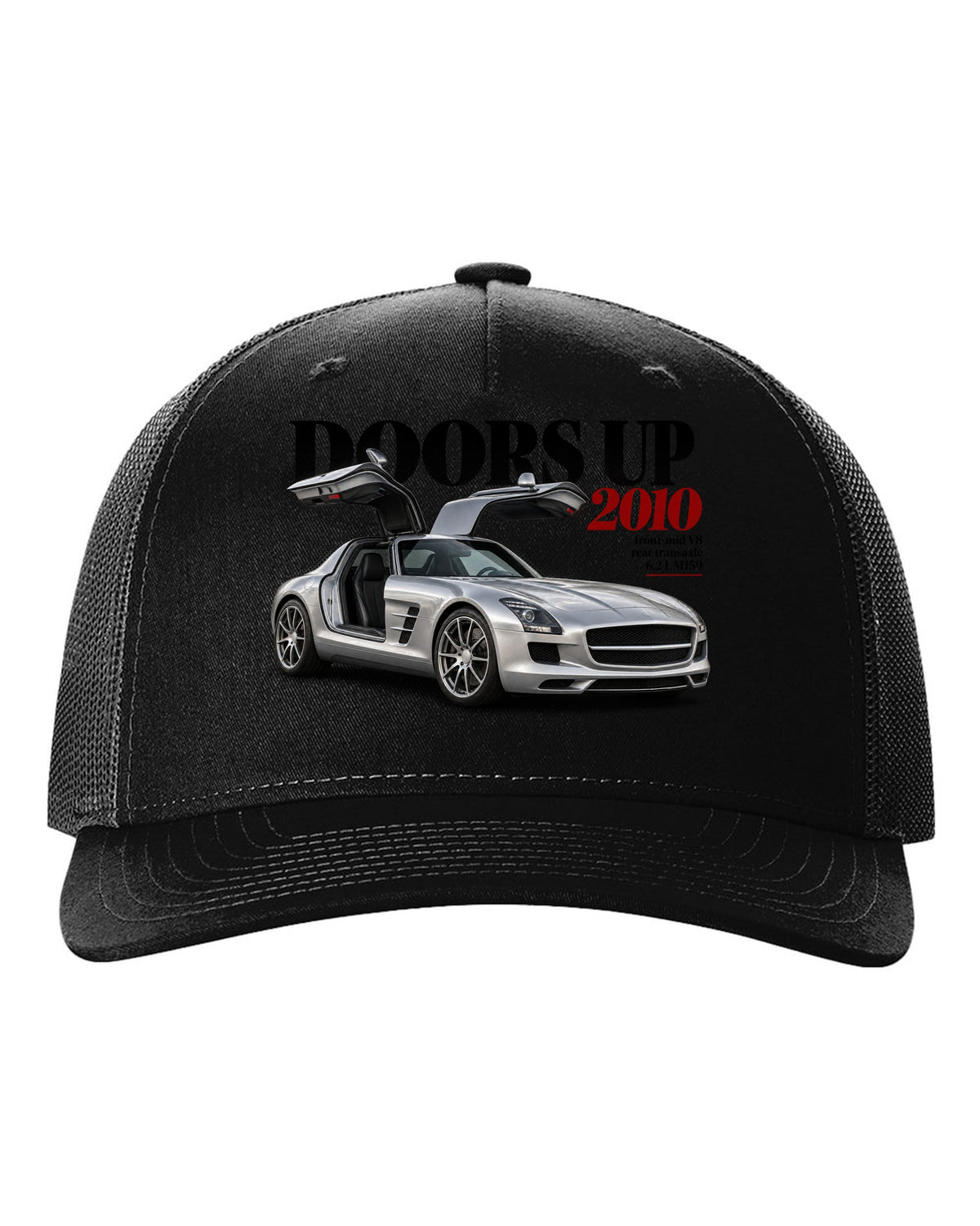 Editorial print of a Mercedes SLS AMG C197 with gullwing doors raised and Doors Up 2010 lettering black hat front view with the design