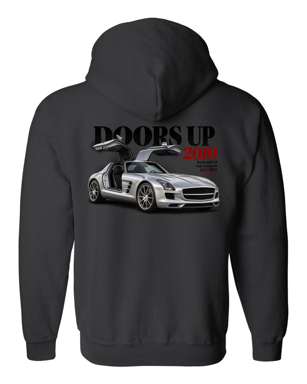 Editorial print of a Mercedes SLS AMG C197 with gullwing doors raised and Doors Up 2010 lettering black zip hoodie back view with the design