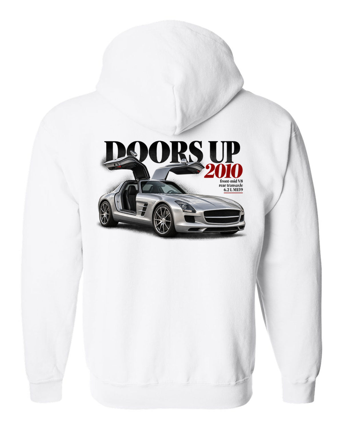 Editorial print of a Mercedes SLS AMG C197 with gullwing doors raised and Doors Up 2010 lettering white zip hoodie back view with the design