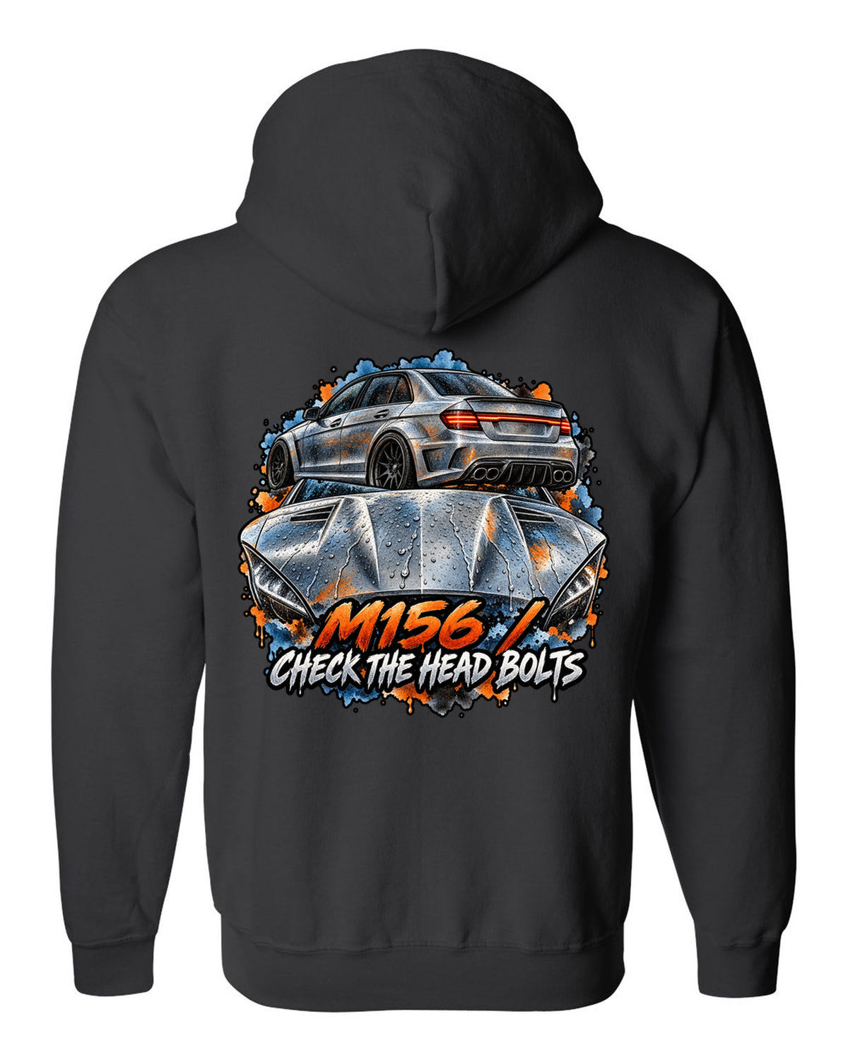 Technical blueprint line art of a cross-drilled brake and Mercedes C63 AMG W204 black zip hoodie back view with the design