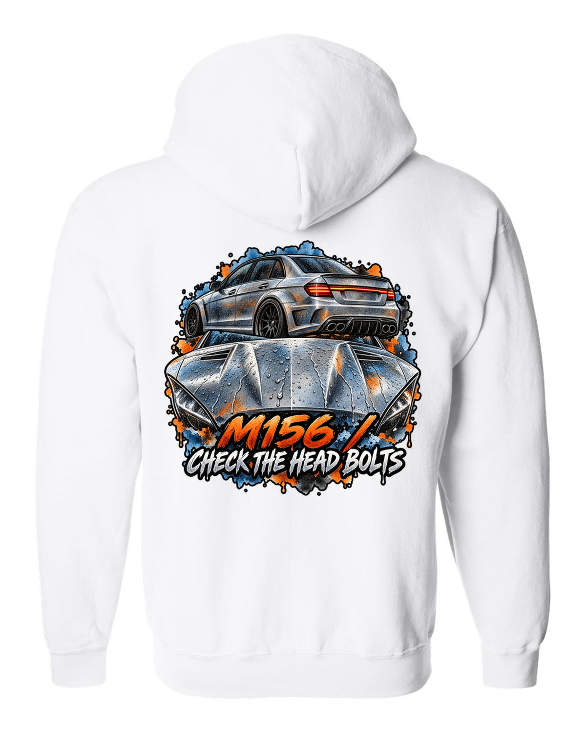 Technical blueprint line art of a cross-drilled brake and Mercedes C63 AMG W204 white zip hoodie back view with the design