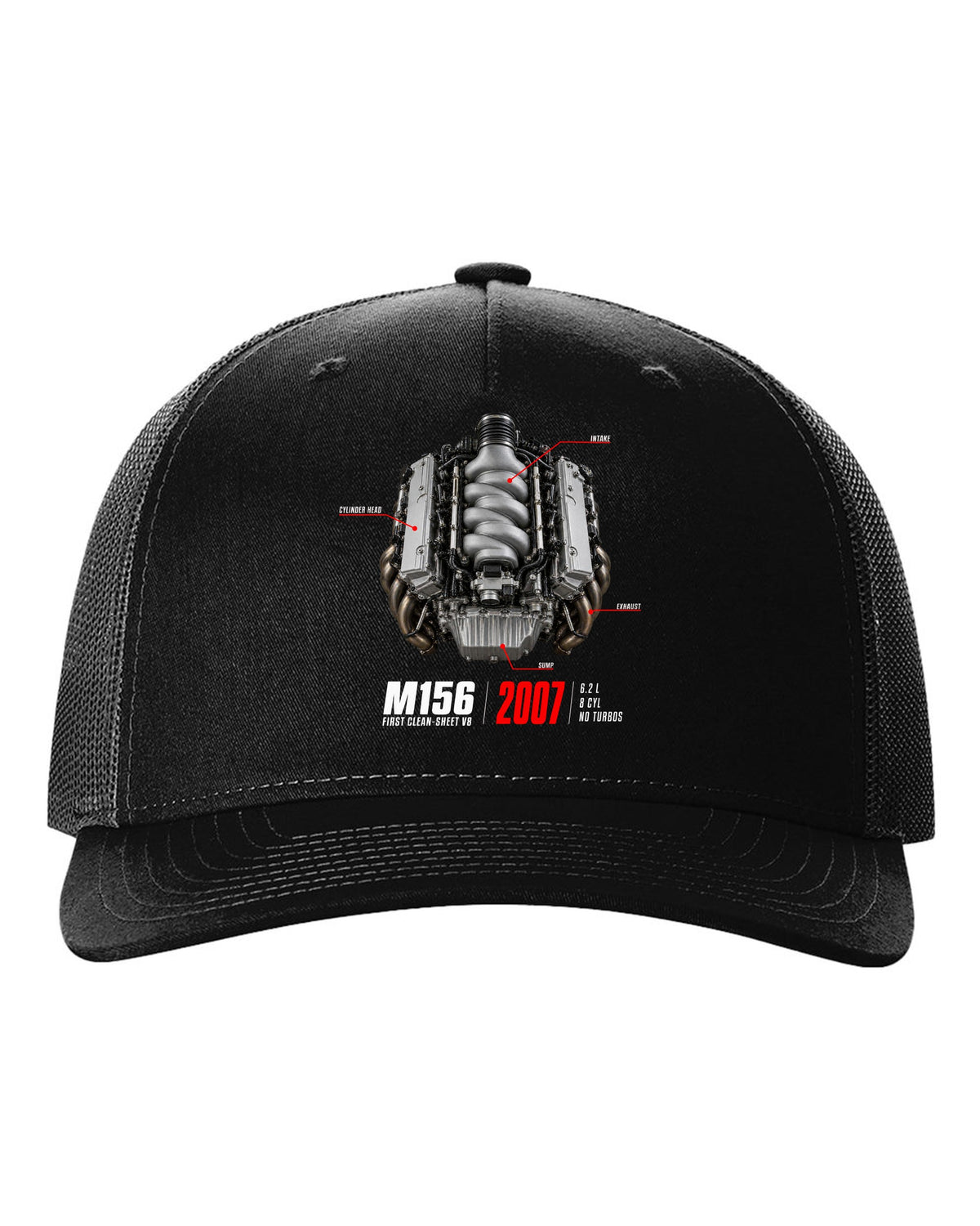 Mercedes C63 AMG W204 M156 V8 engine hero print with first clean-sheet V8 text black hat front view with the design