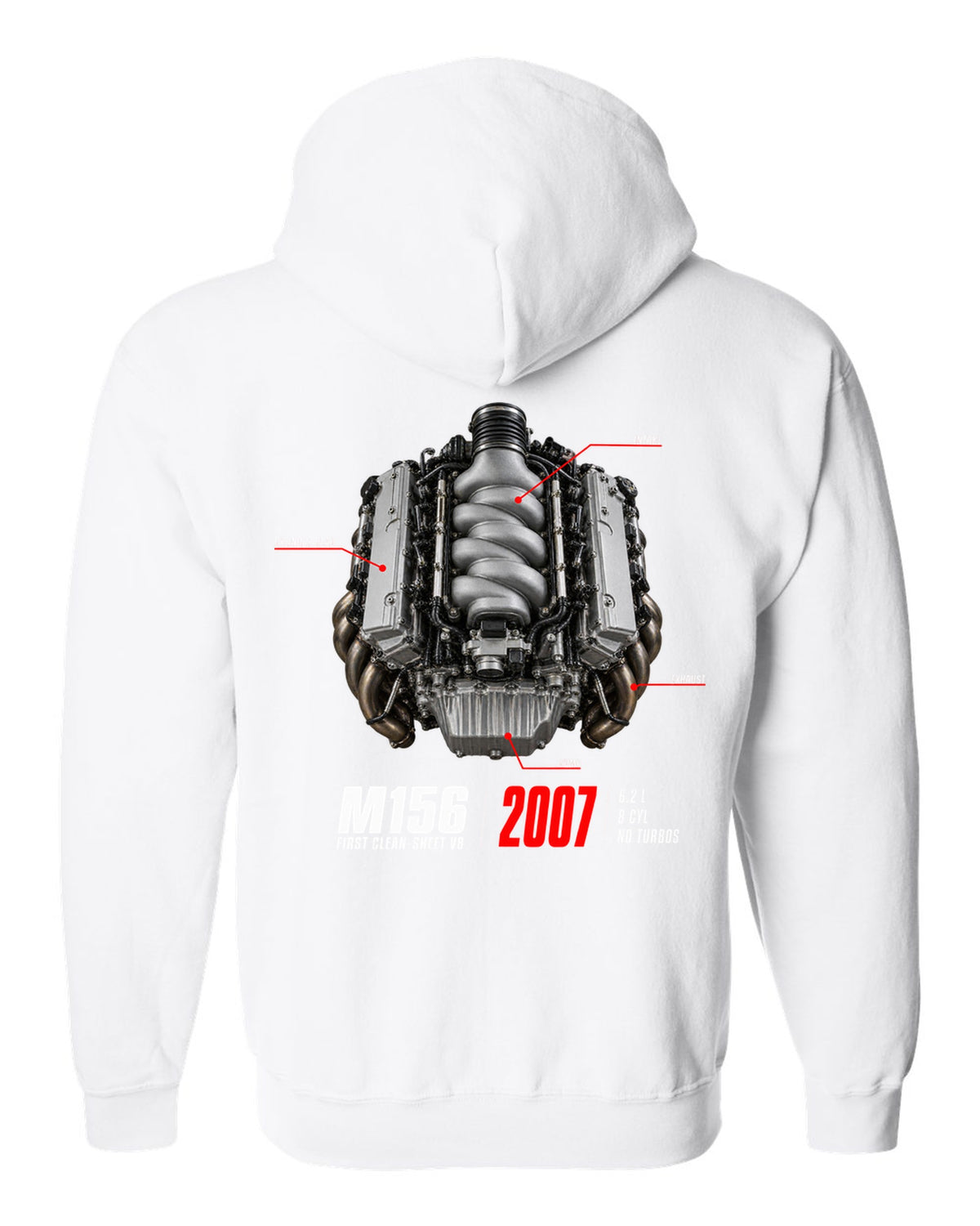 Mercedes C63 AMG W204 M156 V8 engine hero print with first clean-sheet V8 text white zip hoodie back view with the design