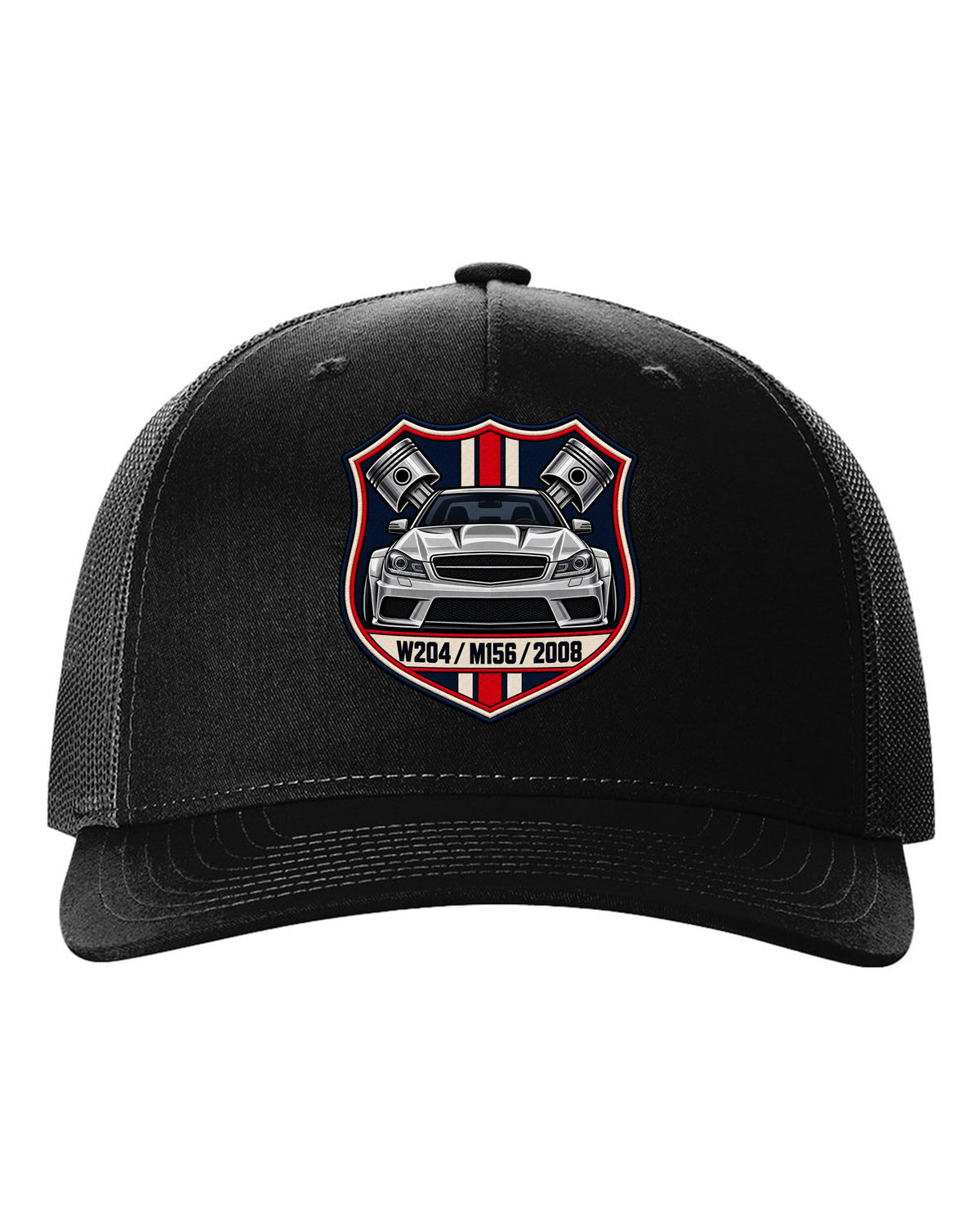Embroidery-style varsity crest for Mercedes C63 AMG W204 with M156 and 2008 black hat front view with the design