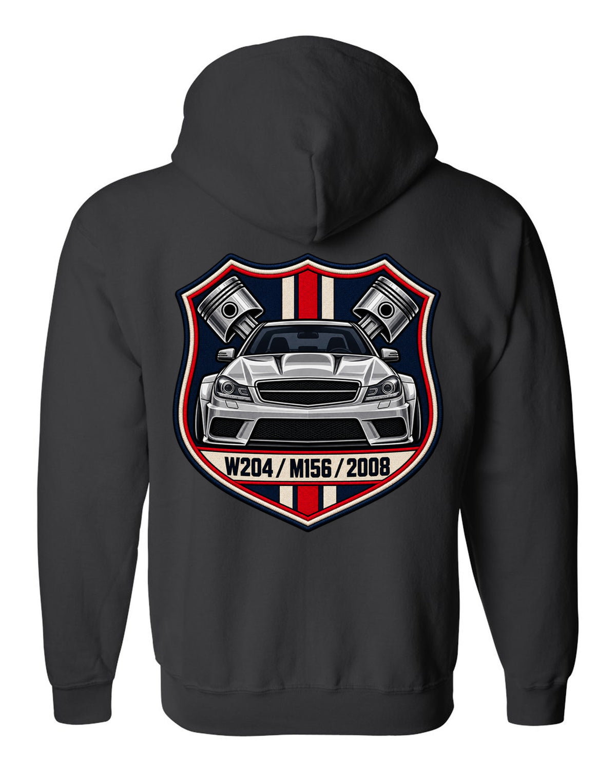 Embroidery-style varsity crest for Mercedes C63 AMG W204 with M156 and 2008 black zip hoodie back view with the design