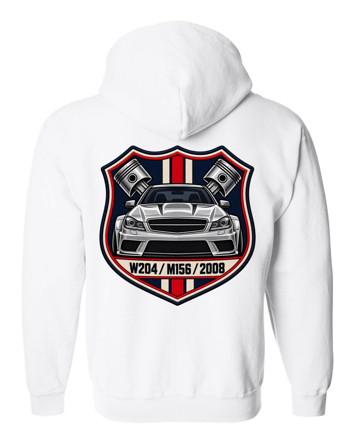 Embroidery-style varsity crest for Mercedes C63 AMG W204 with M156 and 2008 white zip hoodie back view with the design