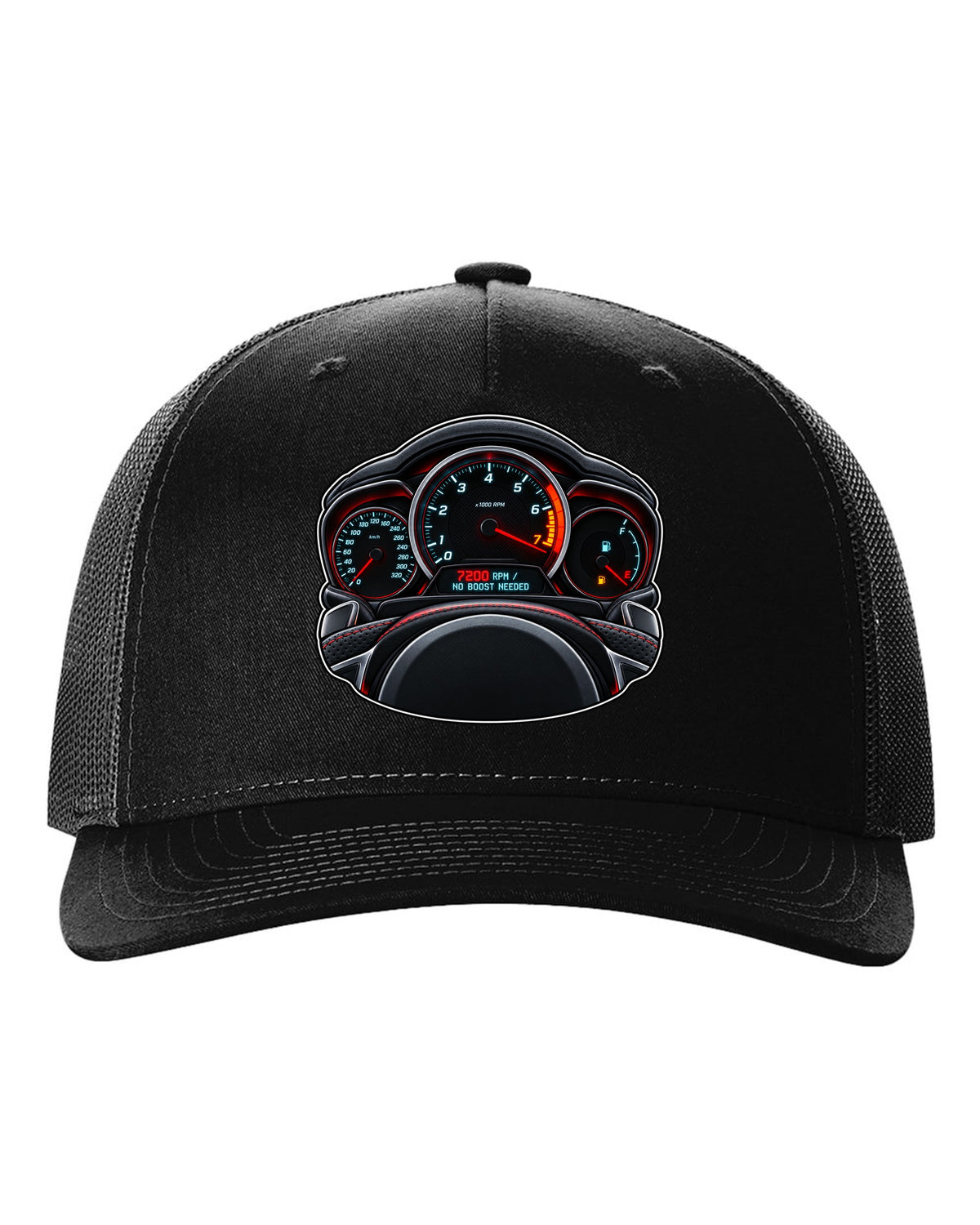 Gauge-cluster HUD print for a Mercedes C63 AMG W204 with 7200 RPM black hat front view with the design