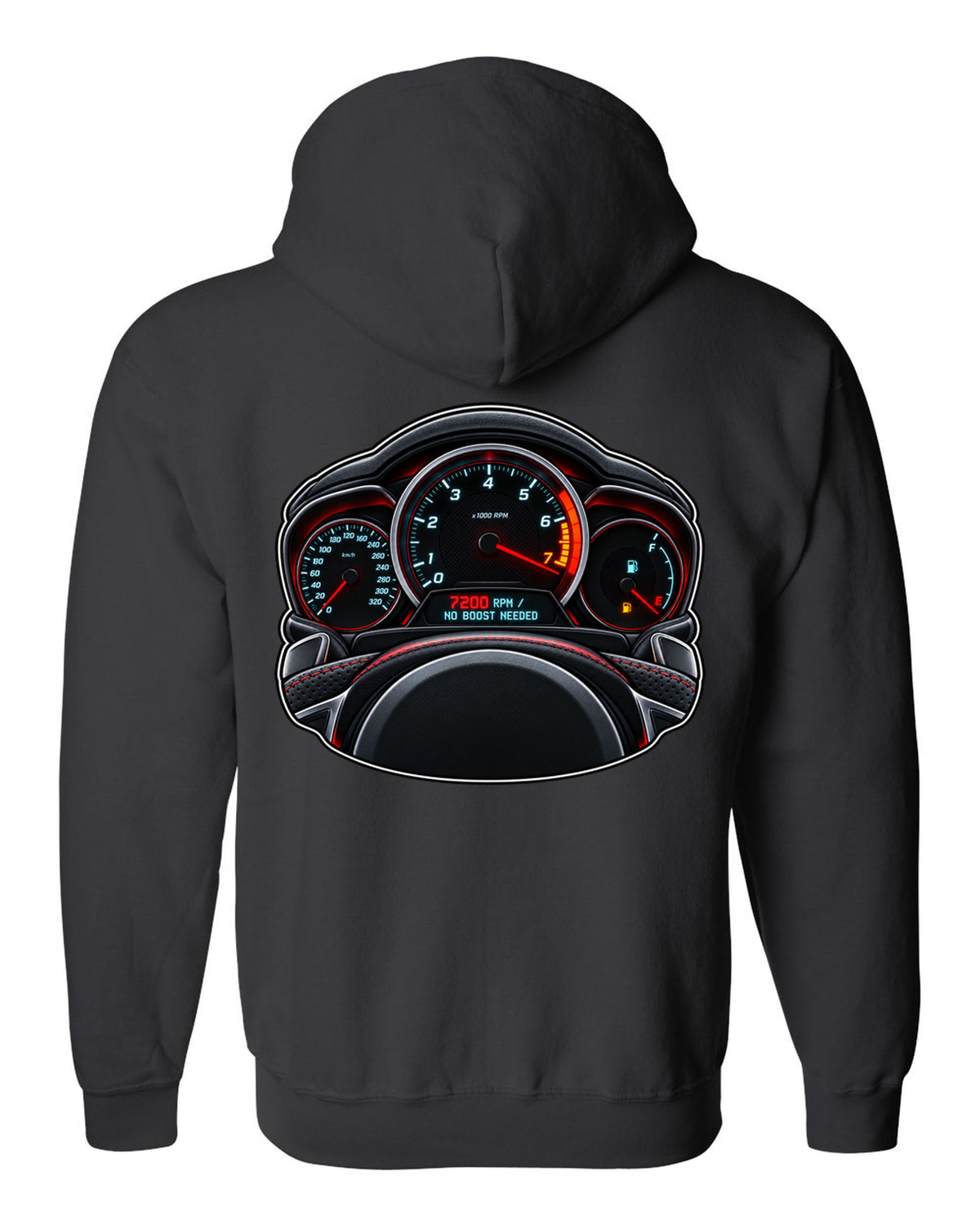 Gauge-cluster HUD print for a Mercedes C63 AMG W204 with 7200 RPM black zip hoodie back view with the design