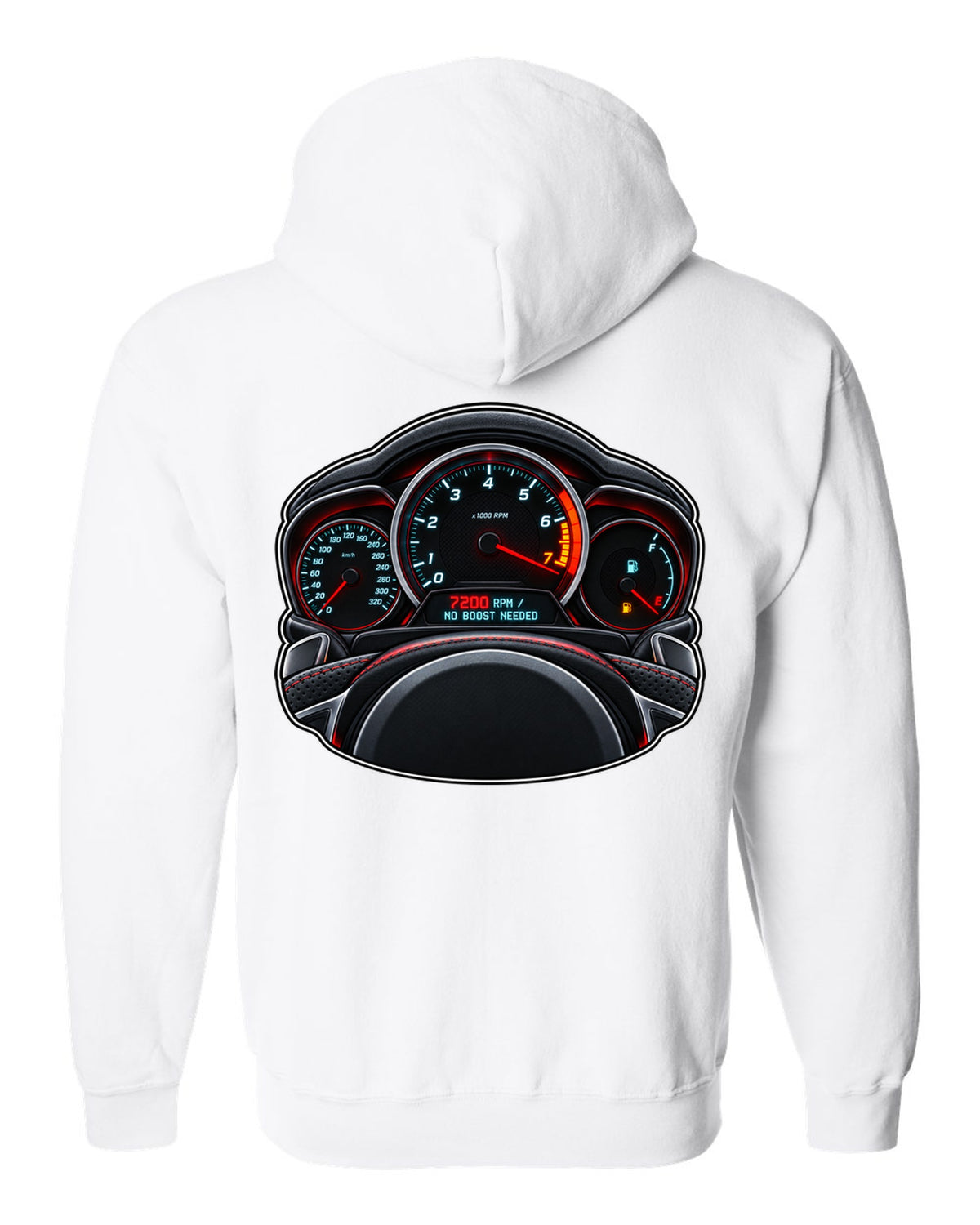 Gauge-cluster HUD print for a Mercedes C63 AMG W204 with 7200 RPM white zip hoodie back view with the design
