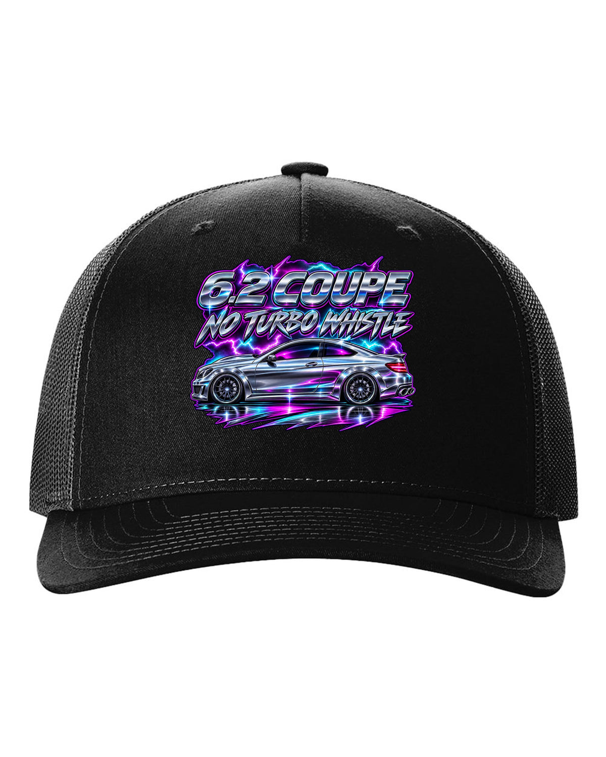 80s chrome airbrush print of a Mercedes C63 Coupe C204 black hat front view with the design