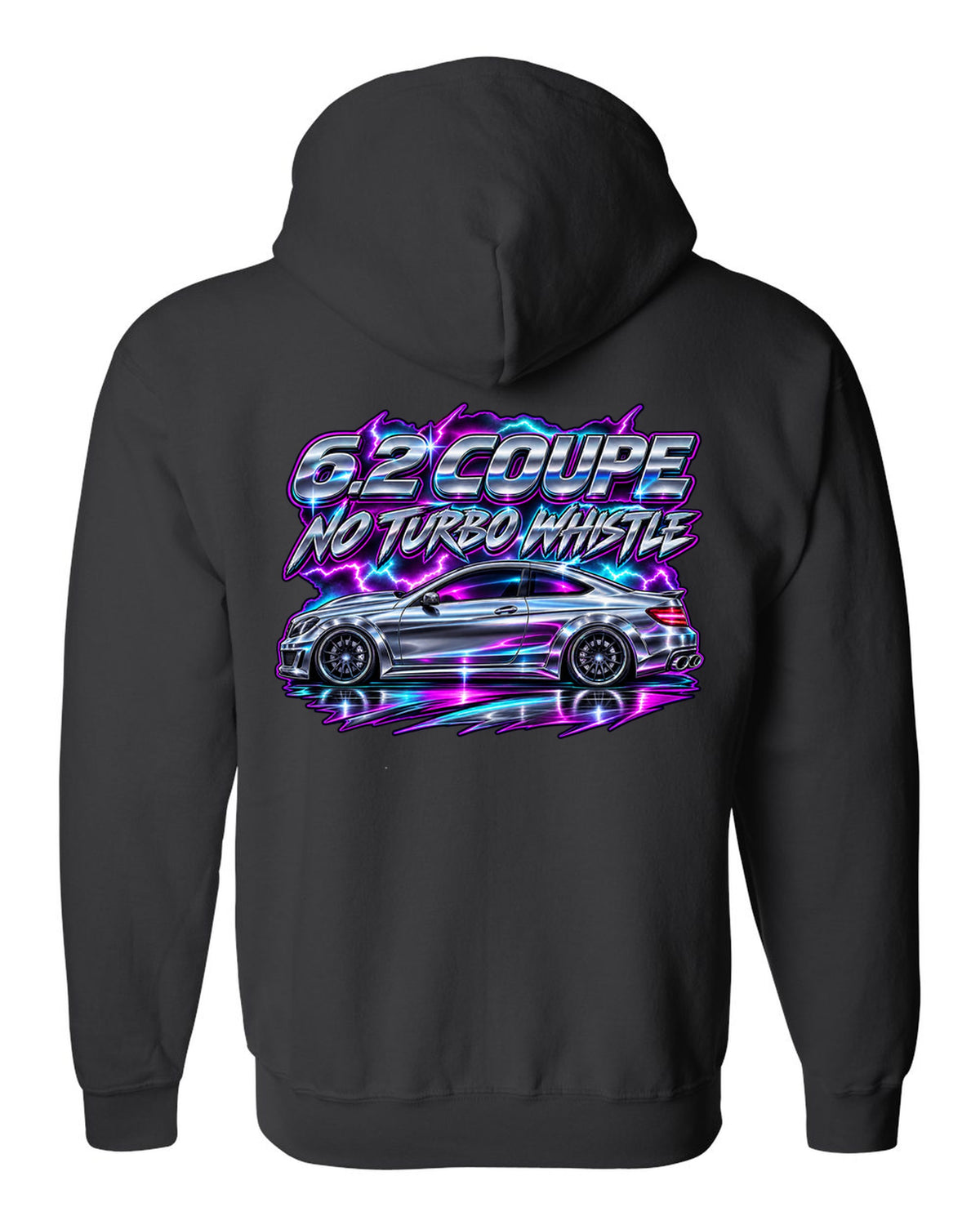 80s chrome airbrush print of a Mercedes C63 Coupe C204 black zip hoodie back view with the design