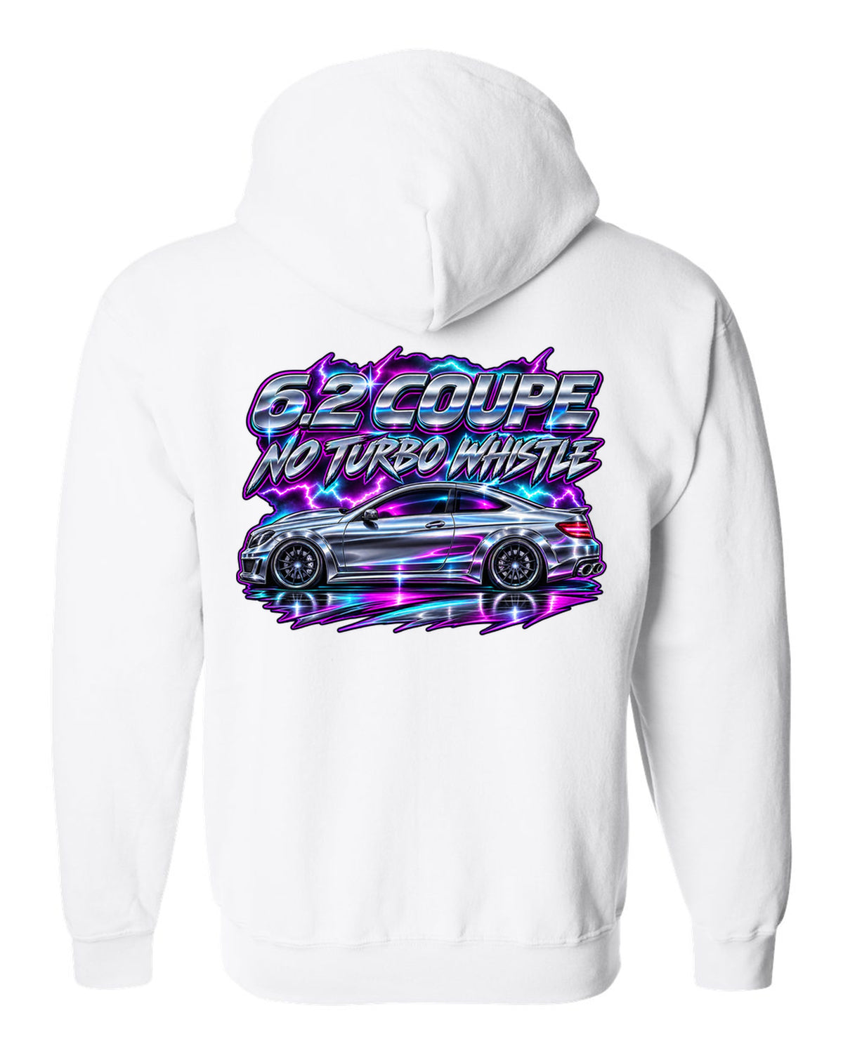 80s chrome airbrush print of a Mercedes C63 Coupe C204 white zip hoodie back view with the design