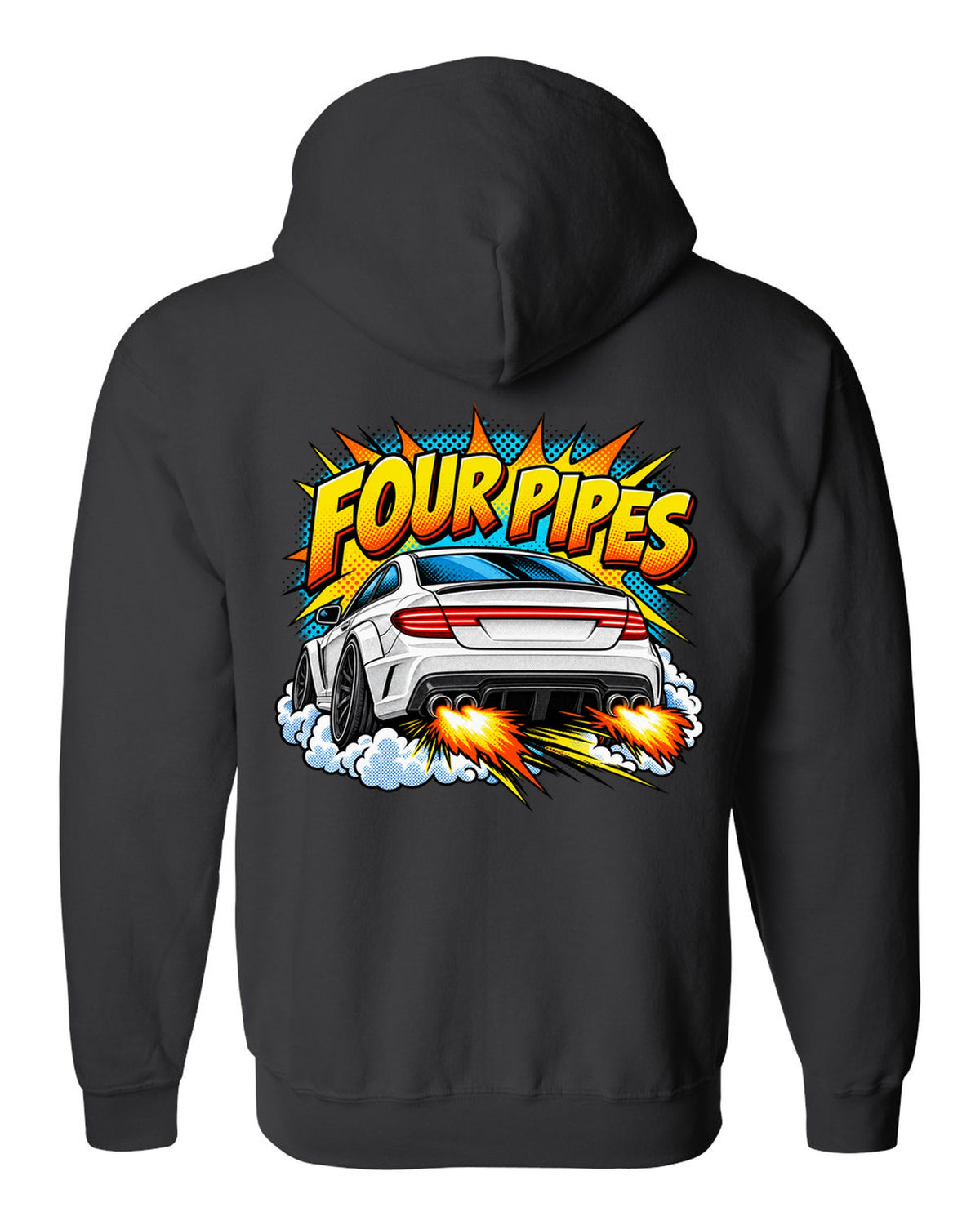 Comic halftone pop-art of the exhaust end of a Mercedes C63 Coupe C204 black zip hoodie back view with the design