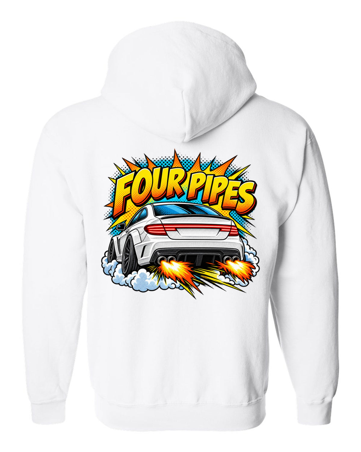 Comic halftone pop-art of the exhaust end of a Mercedes C63 Coupe C204 white zip hoodie back view with the design