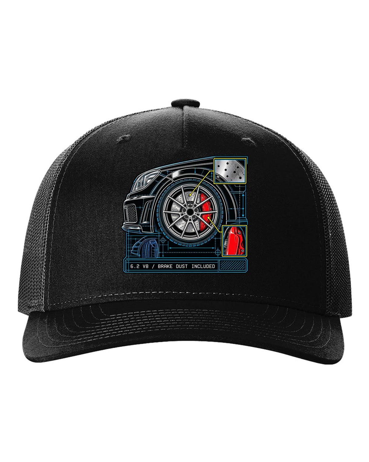 Retro manga ink burnout illustration of a Mercedes C63 Coupe C204 with tyre text black hat front view with the design