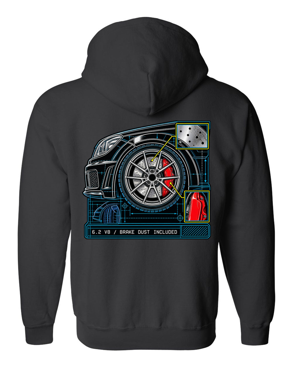 Retro manga ink burnout illustration of a Mercedes C63 Coupe C204 with tyre text black zip hoodie back view with the design