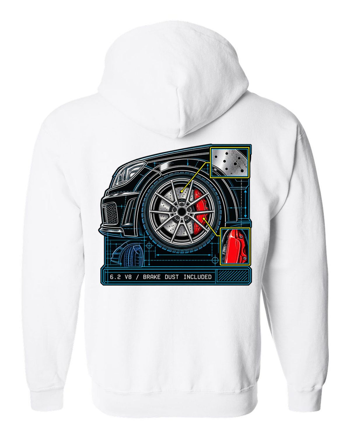 Retro manga ink burnout illustration of a Mercedes C63 Coupe C204 with tyre text white zip hoodie back view with the design
