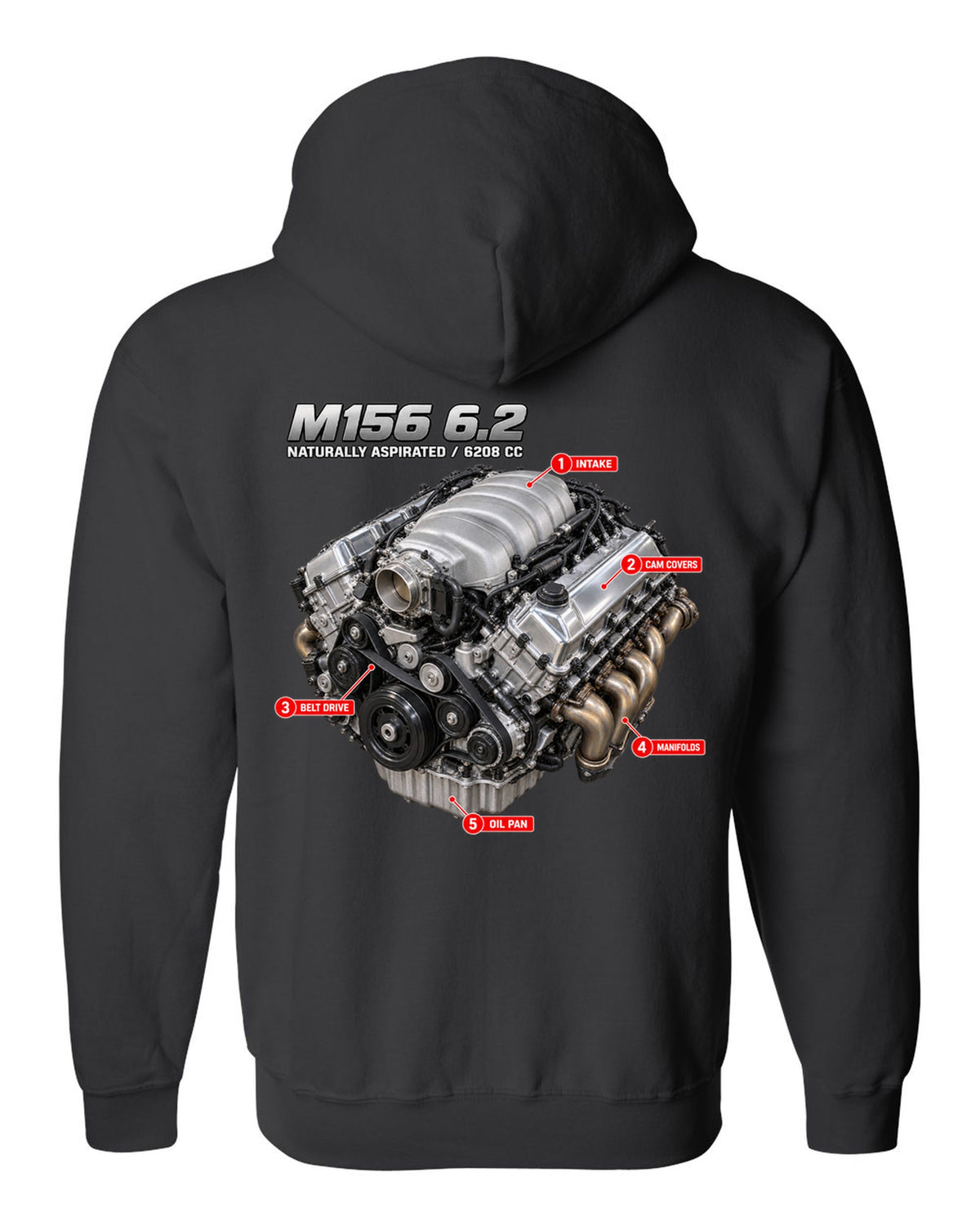 print of the Mercedes W204 C63 M156 6.2 V8 engine with text naturally aspirated 6208 cc black zip hoodie back view with the design
