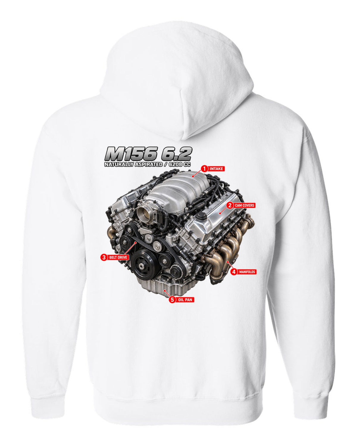 print of the Mercedes W204 C63 M156 6.2 V8 engine with text naturally aspirated 6208 cc white zip hoodie back view with the design