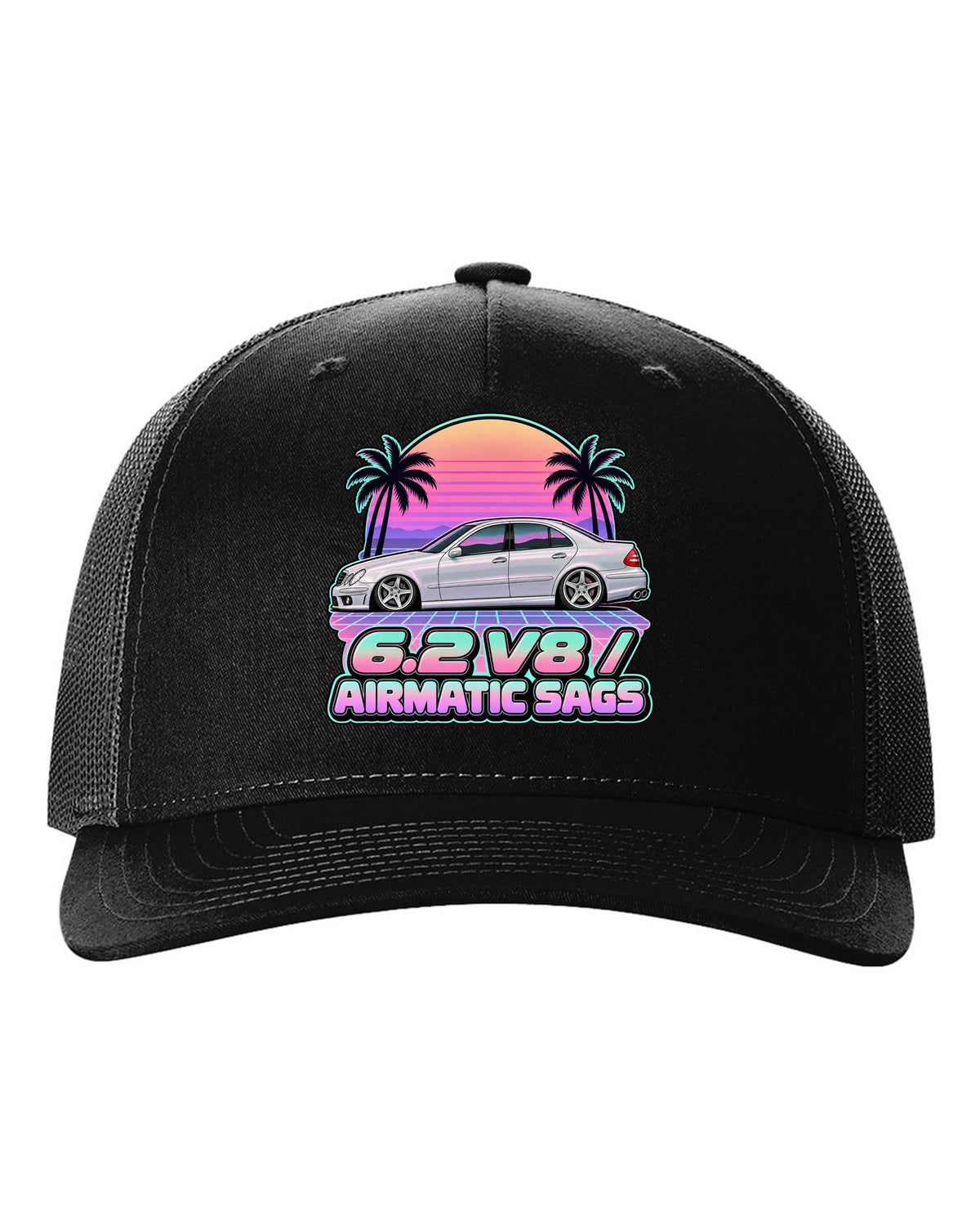 Vaporwave pastel print of a Mercedes E63 AMG W211 with Airmatic text black hat front view with the design
