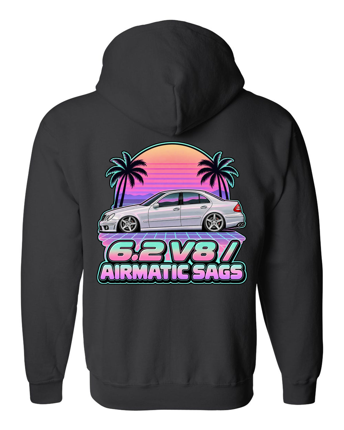 Vaporwave pastel print of a Mercedes E63 AMG W211 with Airmatic text black zip hoodie back view with the design
