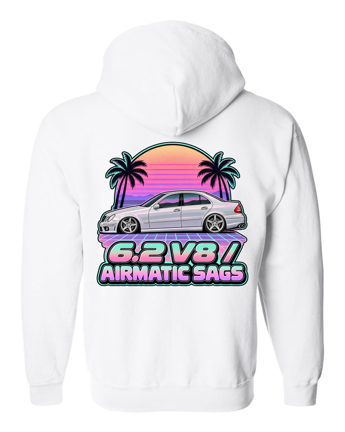 Vaporwave pastel print of a Mercedes E63 AMG W211 with Airmatic text white zip hoodie back view with the design