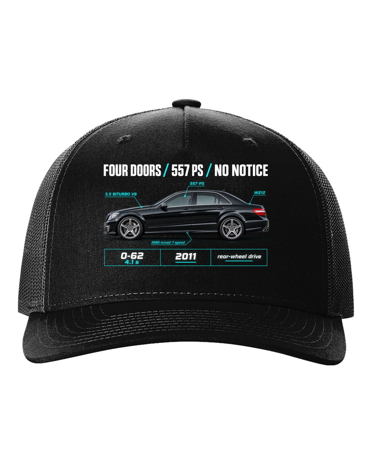 print spec poster of a 2011 Mercedes E63 AMG W212 sedan with text Four Doors 557 PS No Notice black hat front view with the design