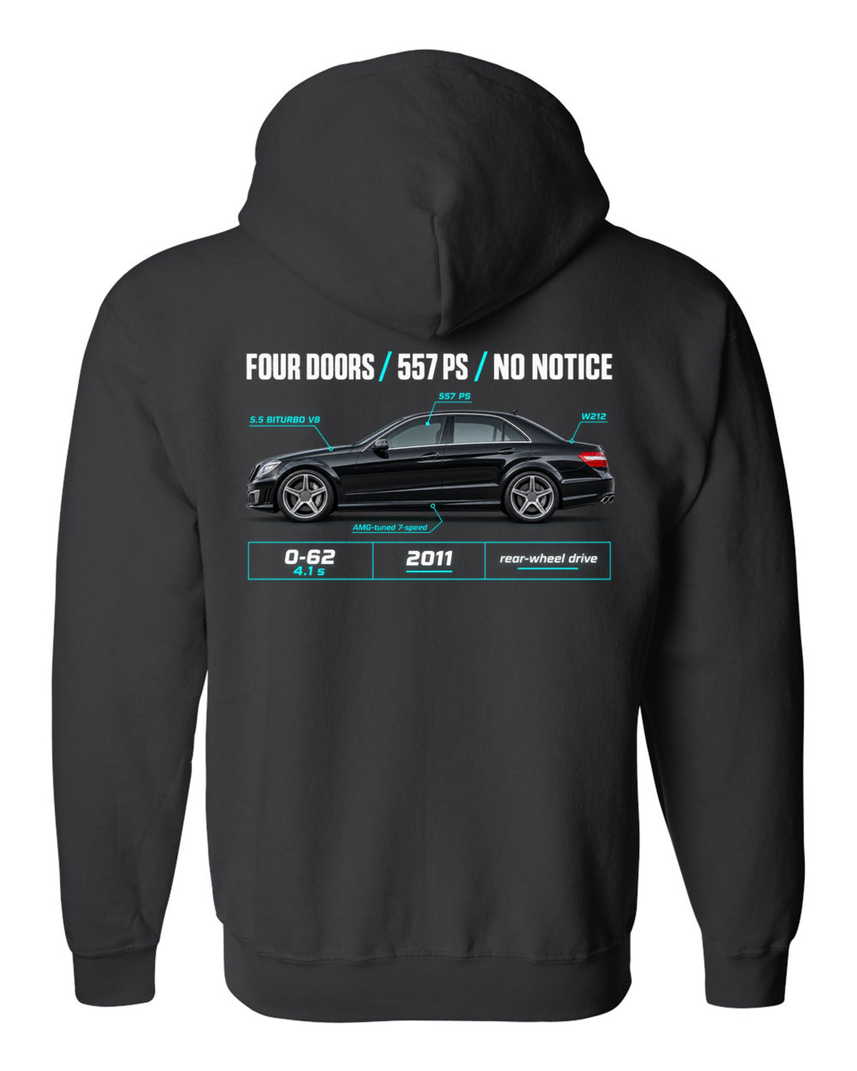 print spec poster of a 2011 Mercedes E63 AMG W212 sedan with text Four Doors 557 PS No Notice black zip hoodie back view with the design