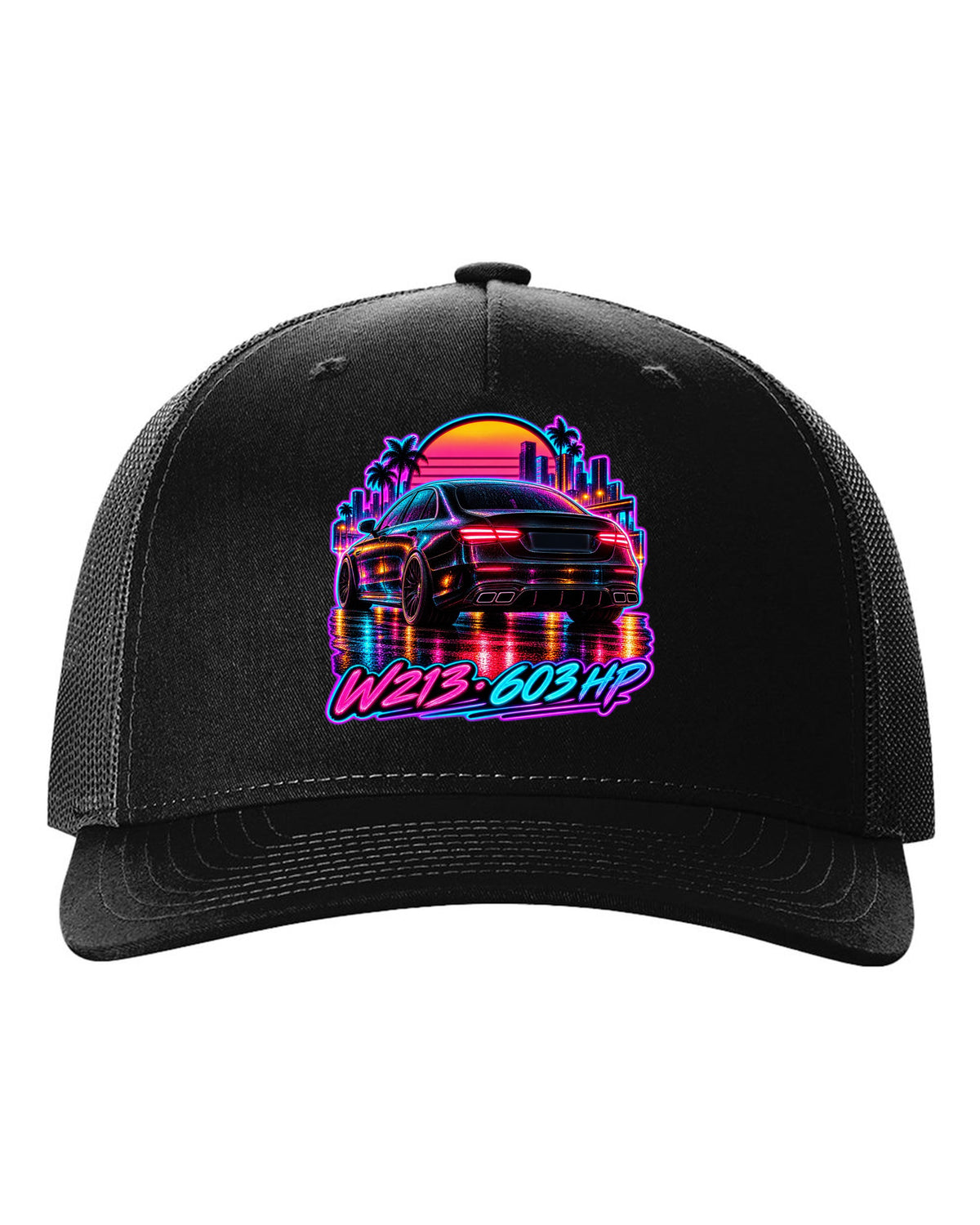 Synthwave wet road scene with a Mercedes E63 AMG W213 and 603 HP text black hat front view with the design