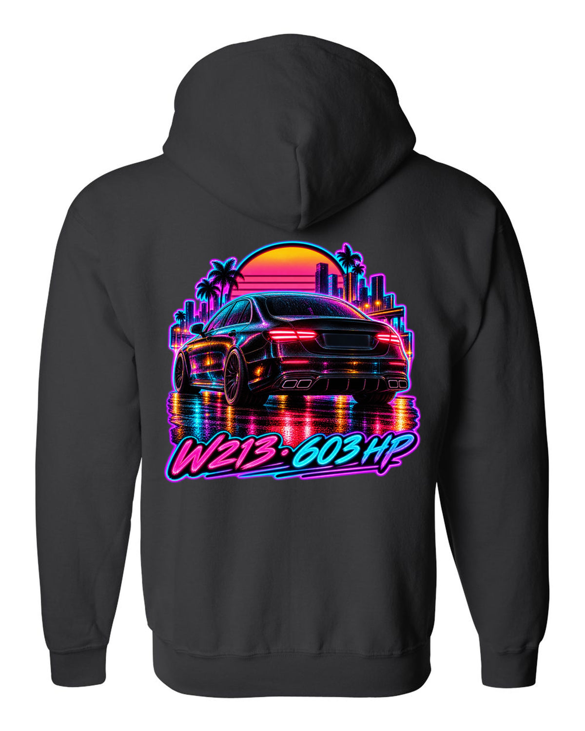 Synthwave wet road scene with a Mercedes E63 AMG W213 and 603 HP text black zip hoodie back view with the design