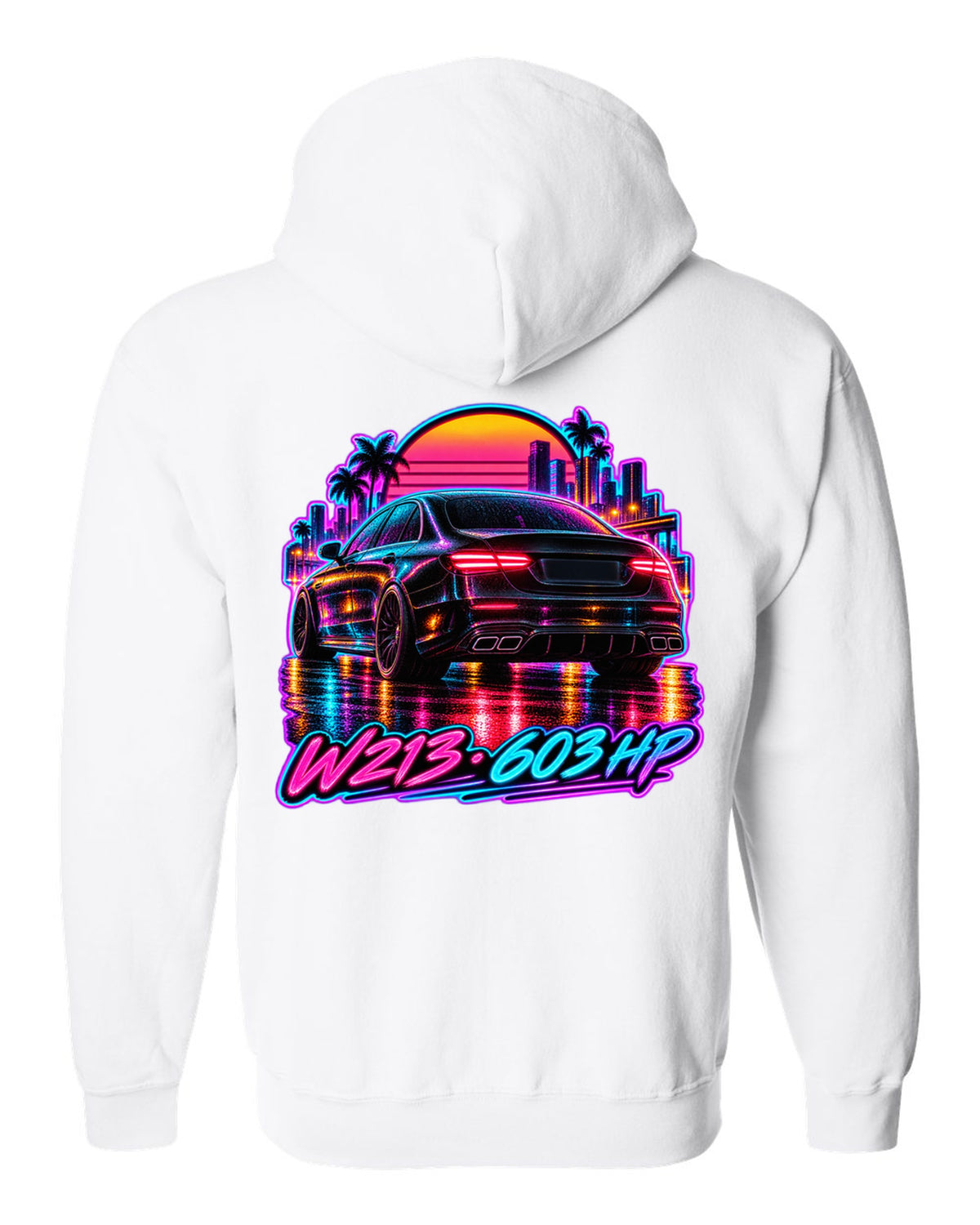 Synthwave wet road scene with a Mercedes E63 AMG W213 and 603 HP text white zip hoodie back view with the design