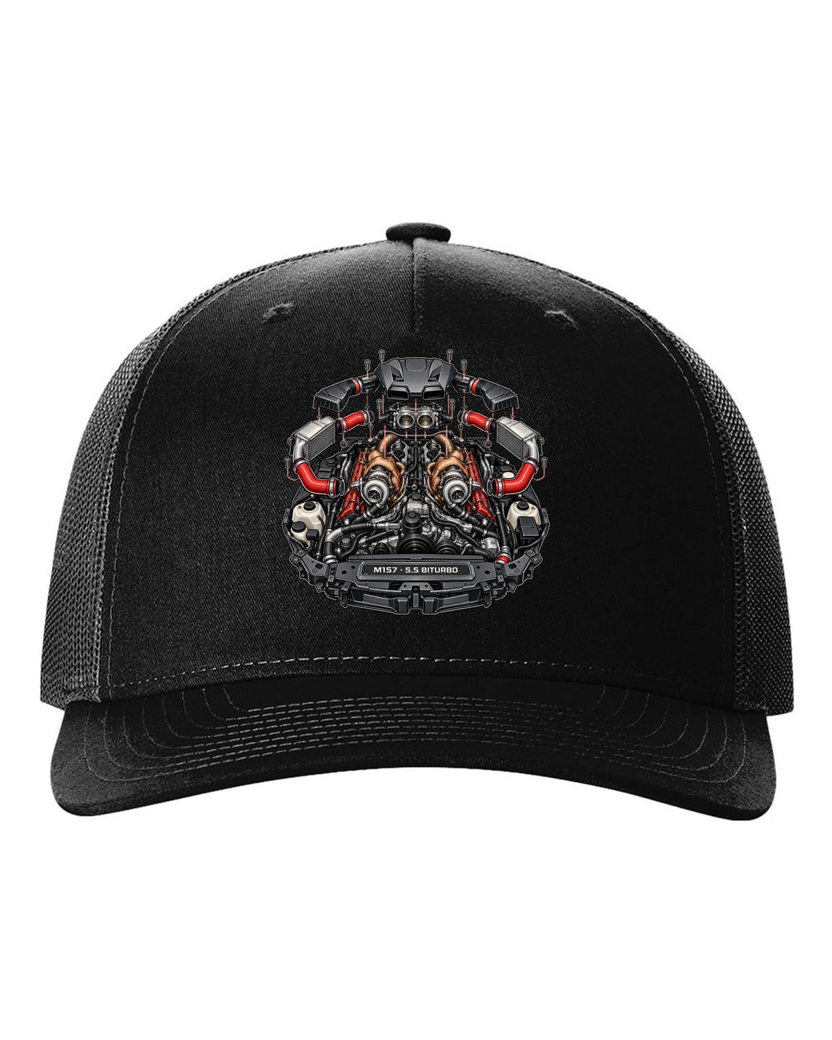Hand-painted anime mountain road with a Mercedes E63 AMG Wagon S213 drifting black hat front view with the design