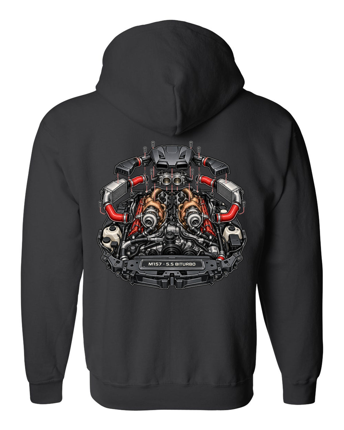 Hand-painted anime mountain road with a Mercedes E63 AMG Wagon S213 drifting black zip hoodie back view with the design