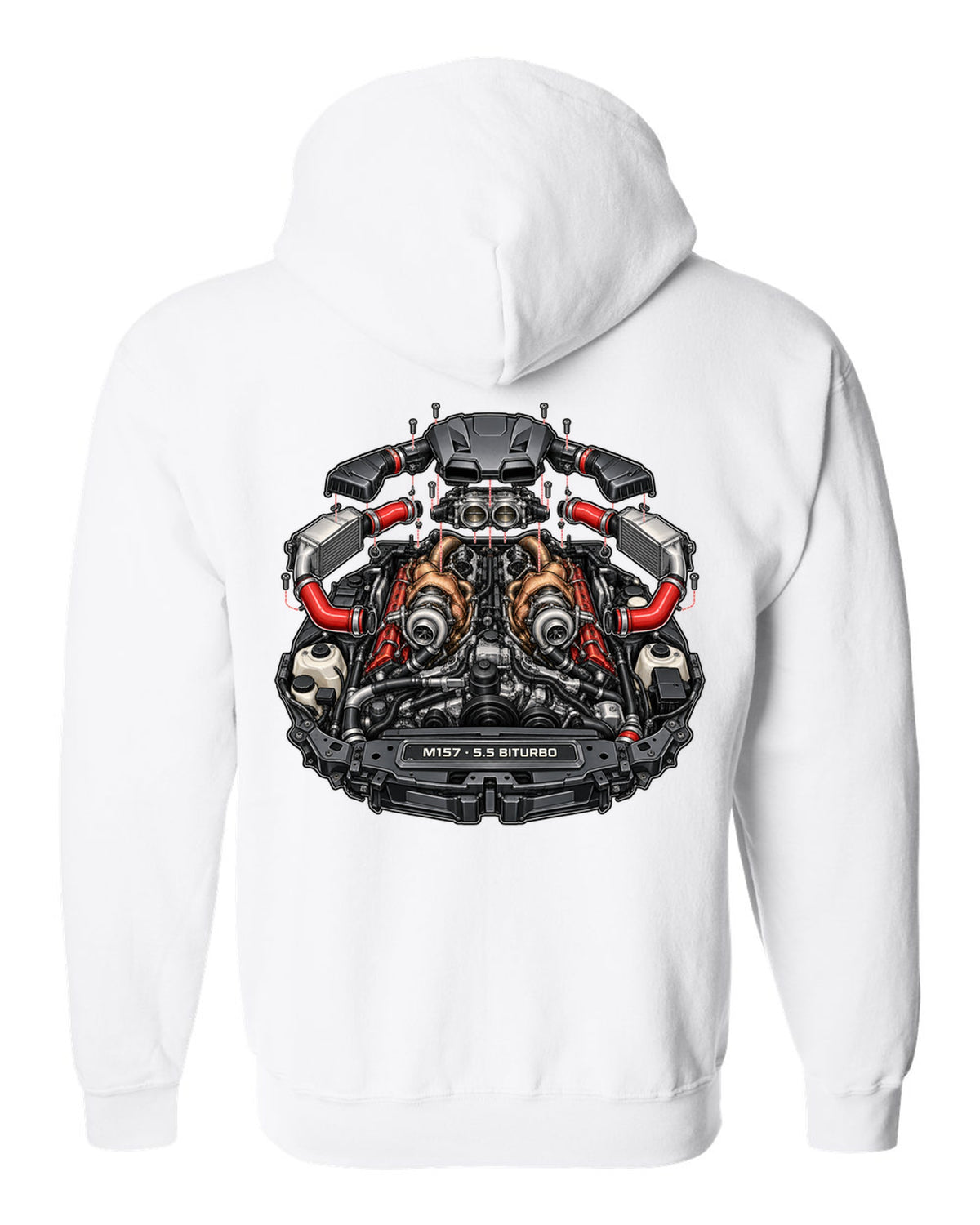 Hand-painted anime mountain road with a Mercedes E63 AMG Wagon S213 drifting white zip hoodie back view with the design
