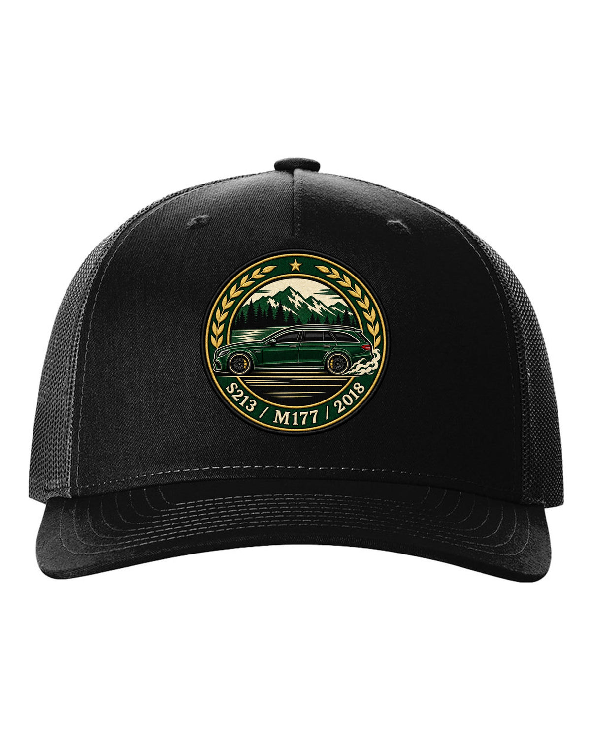Embroidery-style varsity crest of a Mercedes E63 AMG Wagon S213 with M177 black hat front view with the design