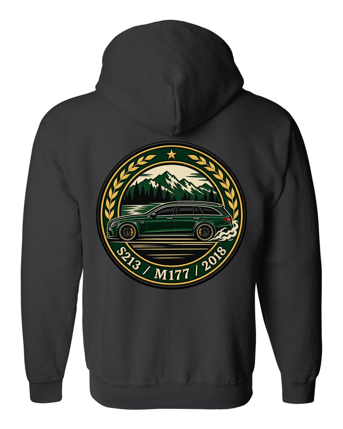 Embroidery-style varsity crest of a Mercedes E63 AMG Wagon S213 with M177 black zip hoodie back view with the design