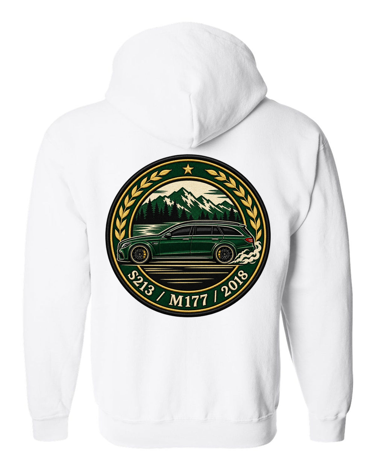 Embroidery-style varsity crest of a Mercedes E63 AMG Wagon S213 with M177 white zip hoodie back view with the design