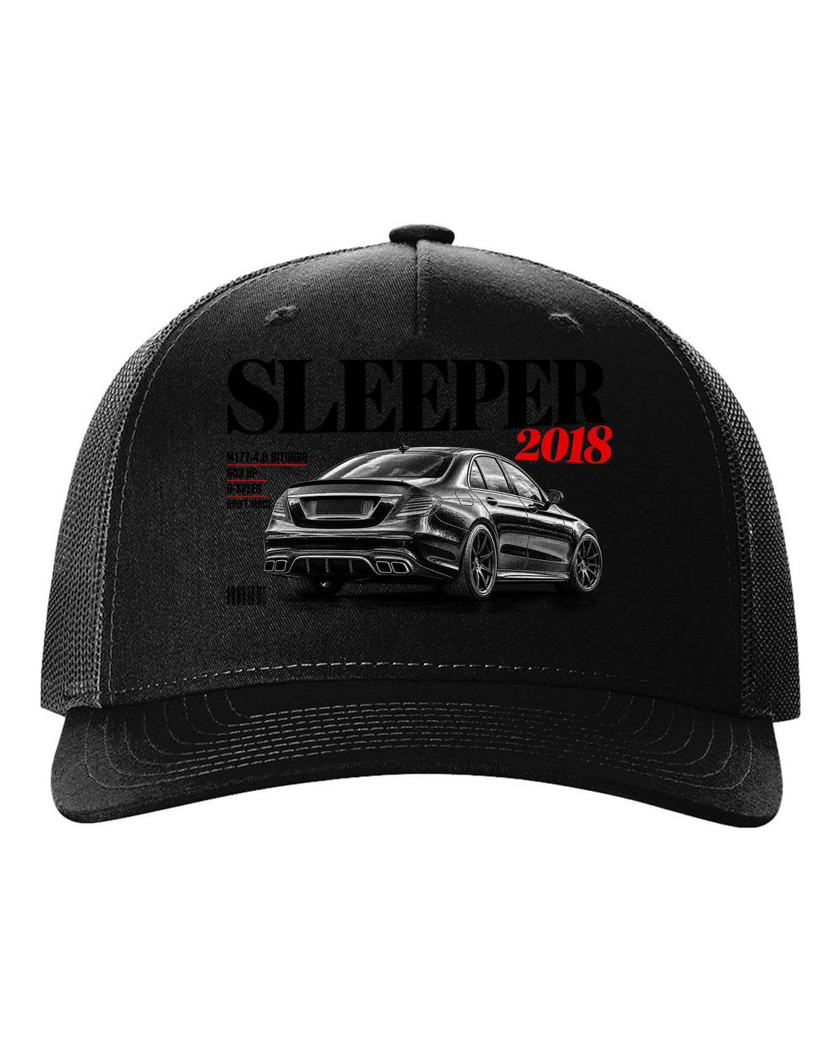 print editorial headline of a Mercedes W213 E63 S M177 with text Sleeper 2018 4.0 Biturbo 603 HP black hat front view with the design