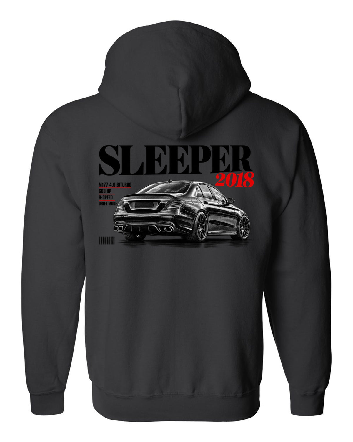 print editorial headline of a Mercedes W213 E63 S M177 with text Sleeper 2018 4.0 Biturbo 603 HP black zip hoodie back view with the design