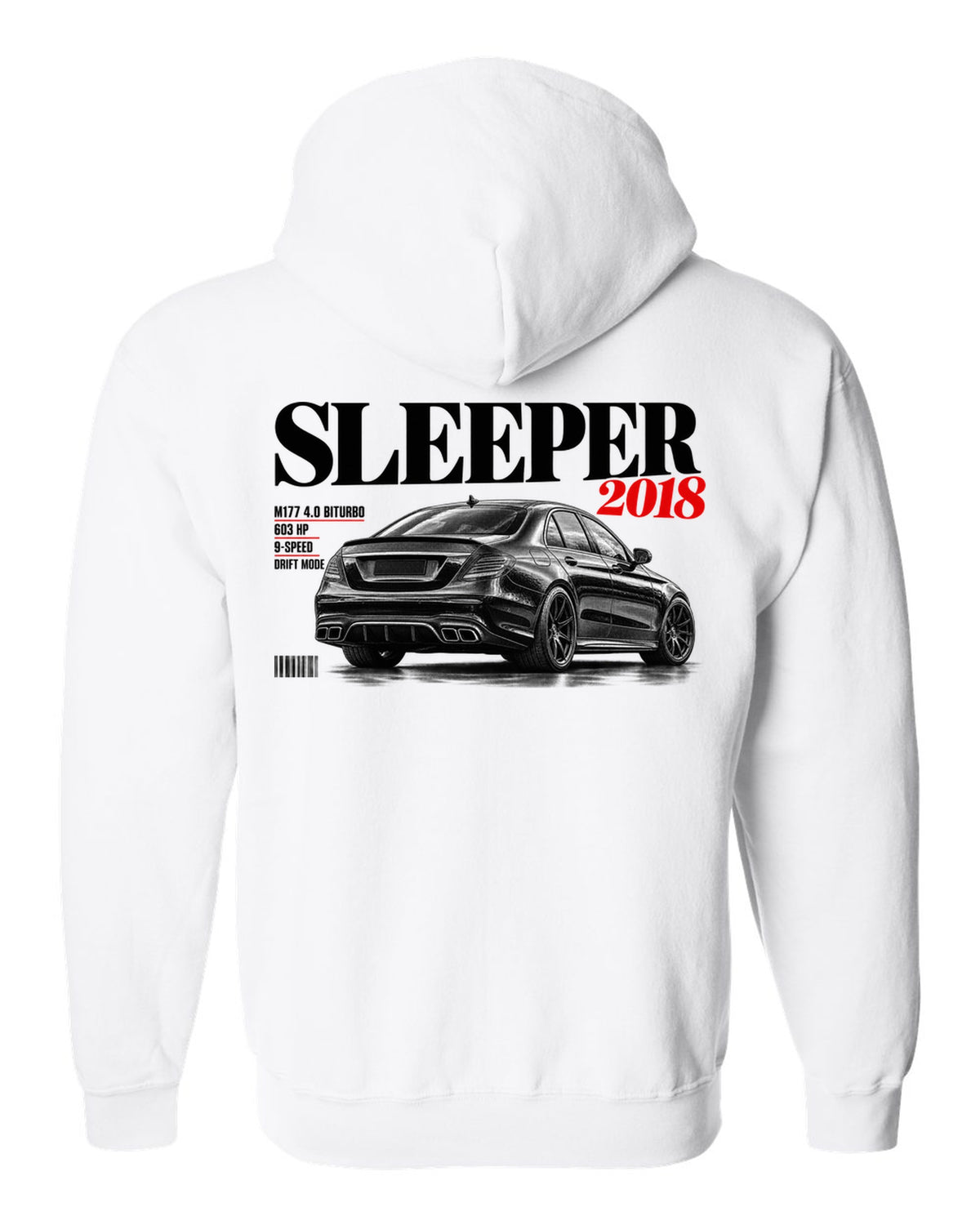 print editorial headline of a Mercedes W213 E63 S M177 with text Sleeper 2018 4.0 Biturbo 603 HP white zip hoodie back view with the design