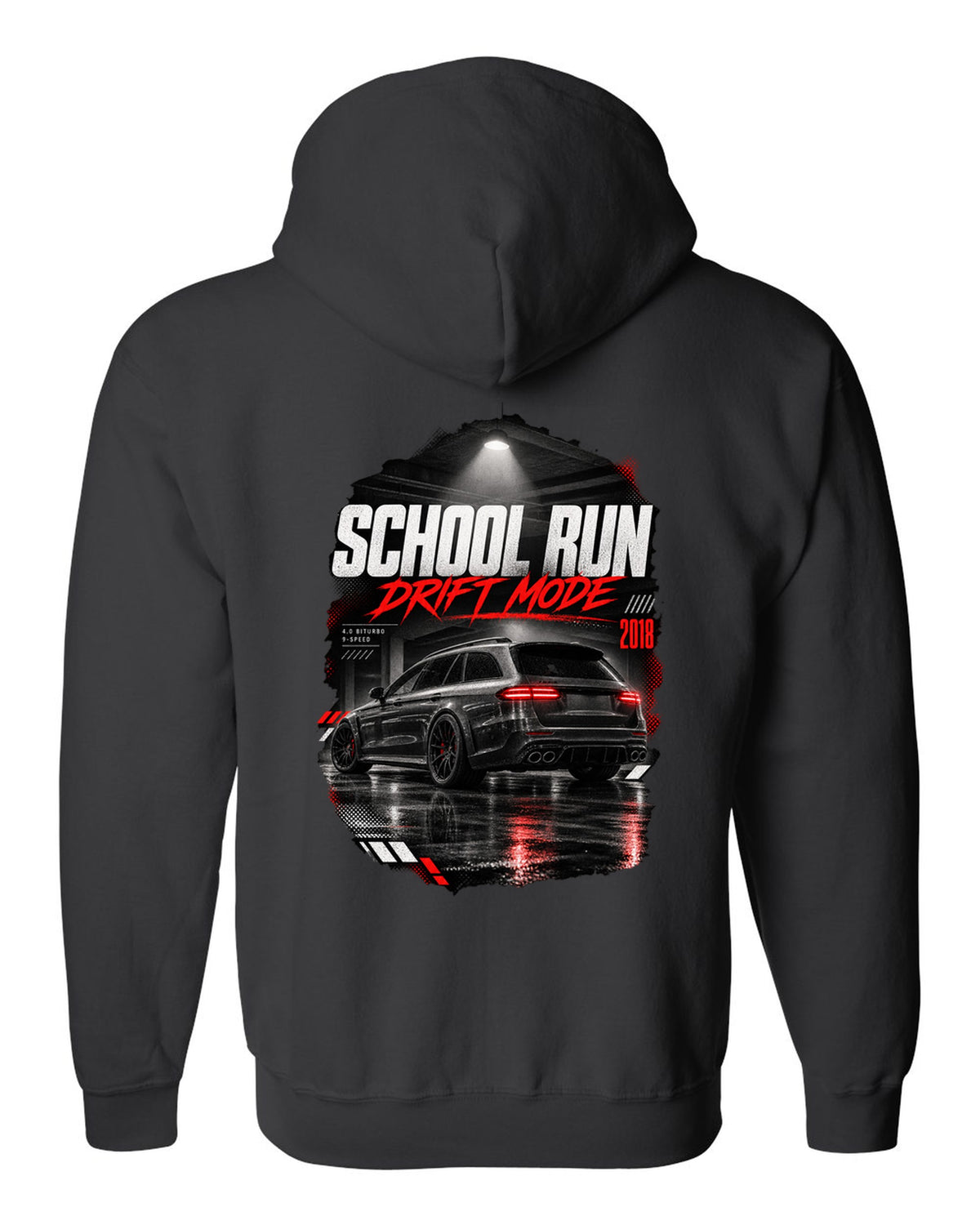 print of a Mercedes E63 S wagon S213 in a night garage with the text School Run / Drift Mode black zip hoodie back view with the design