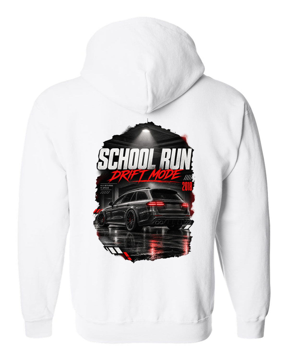 print of a Mercedes E63 S wagon S213 in a night garage with the text School Run / Drift Mode white zip hoodie back view with the design