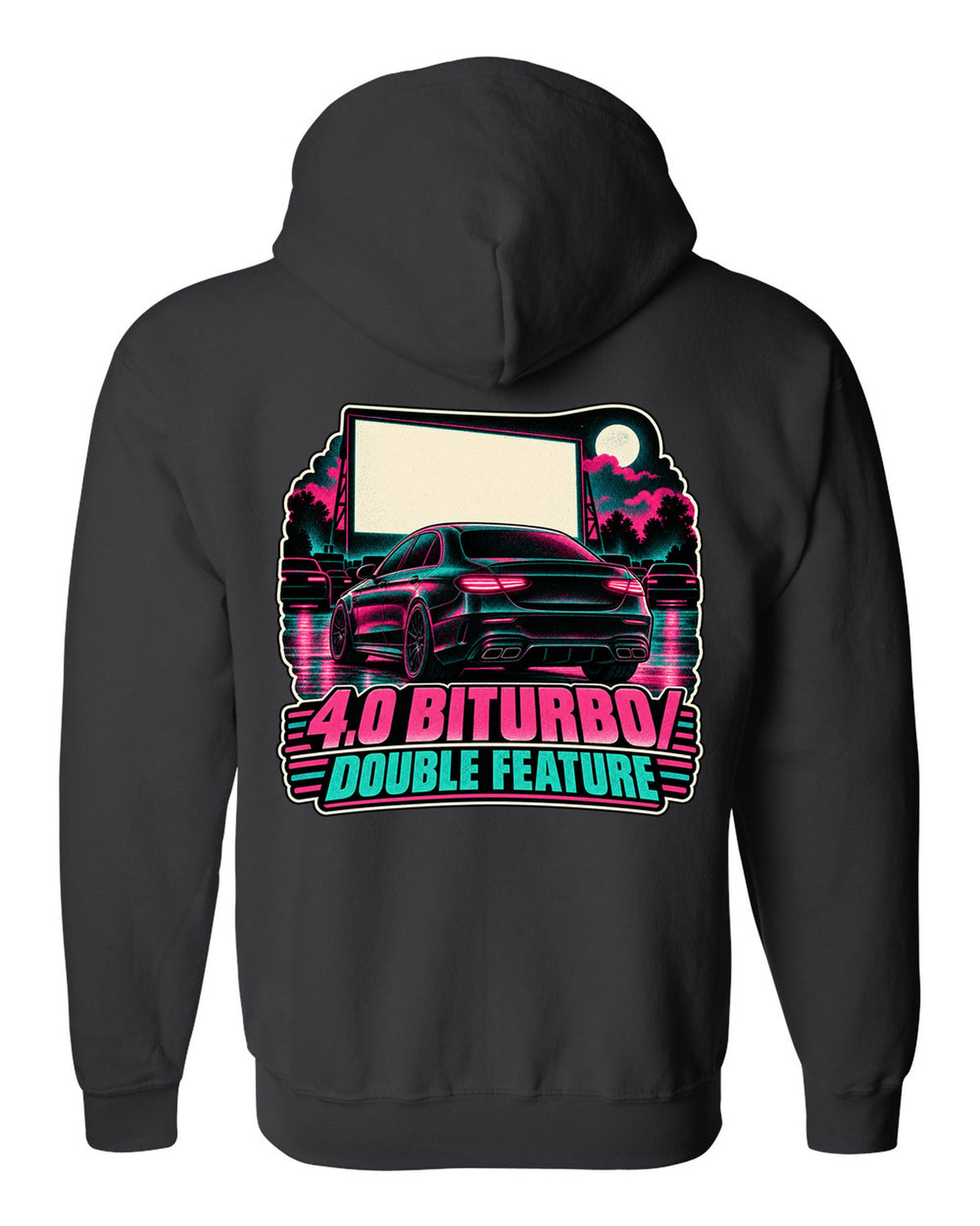 Risograph halftone drive-in poster graphic for a Mercedes E63 W213 4.0 biturbo, print black zip hoodie back view with the design