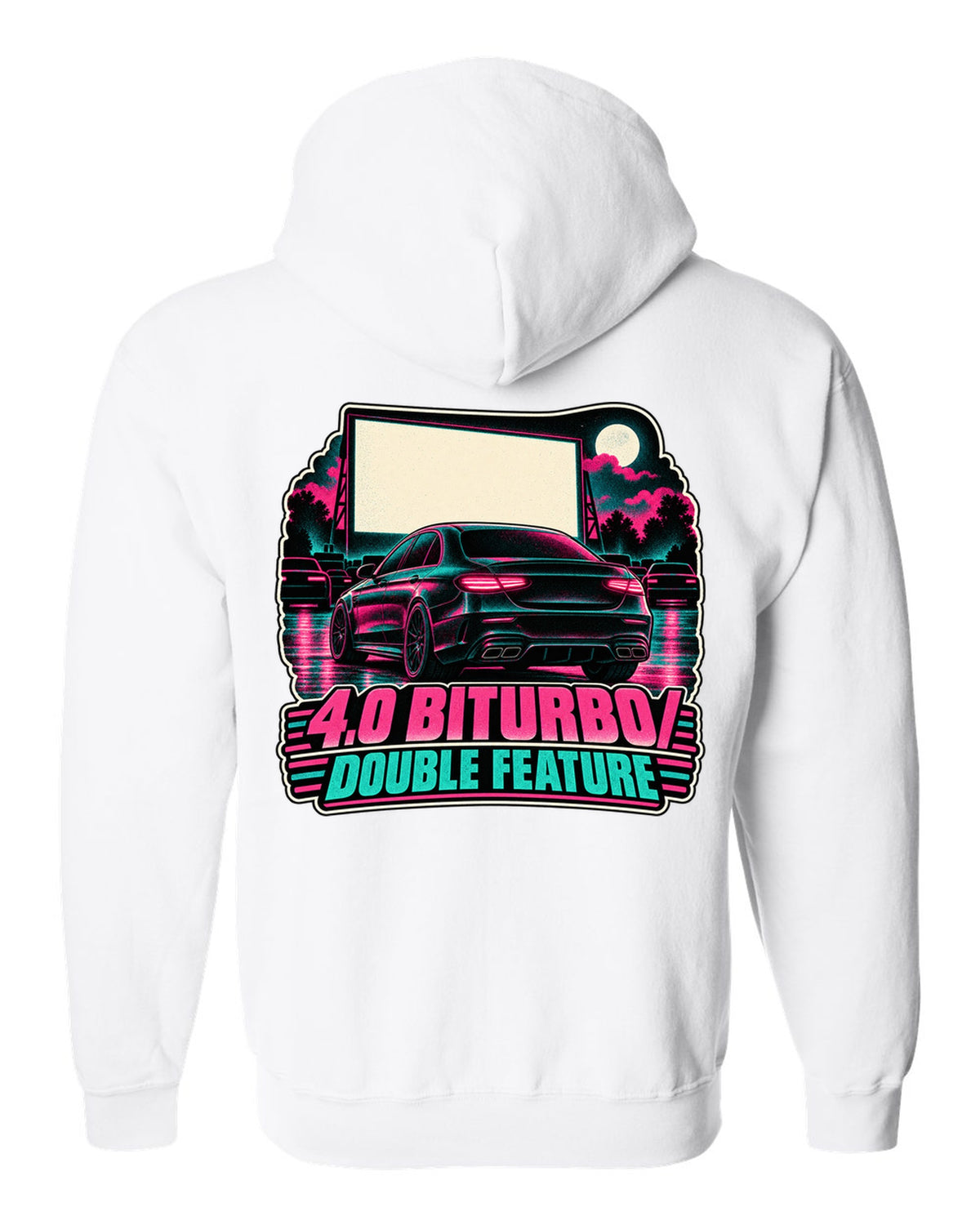 Risograph halftone drive-in poster graphic for a Mercedes E63 W213 4.0 biturbo, print white zip hoodie back view with the design