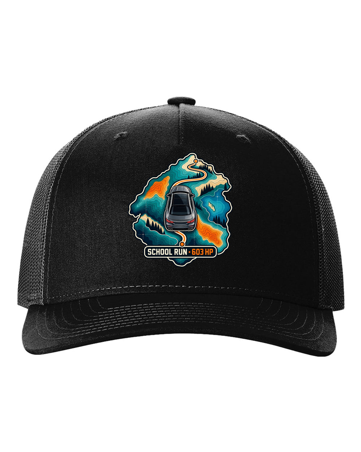 Topographic route map graphic reading School Run 603 HP for a Mercedes E63 W213, print black hat front view with the design